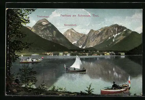 AK Pertisau, Segelboot und Dampfer auf dem Achensee, Blick auf Sonnenjoch und Tristenkopf