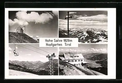 AK Hopfgarten, Hohe Salve mit Gipfelkreuz, Seilbahn und Unterkunftshaus