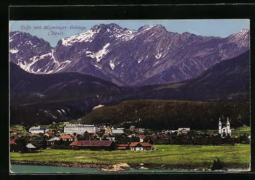 AK Telfs, Ortsansicht mit Mieminger Gebirge