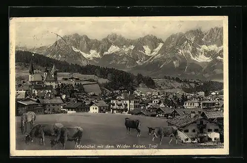 AK Kitzbühel, Ortsansicht mit dem Wilden Kaiser