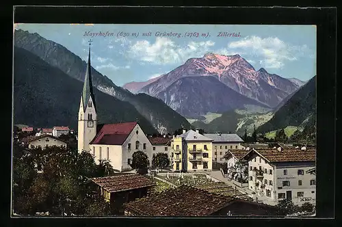 AK Mayrhofen, Ortspartie mit Kirche und Grünberg