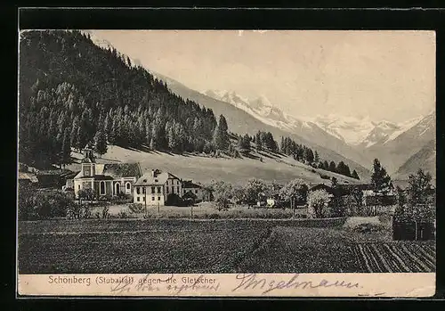 AK Schönberg / Stubaital, Ortsansicht gegen die Gletscher