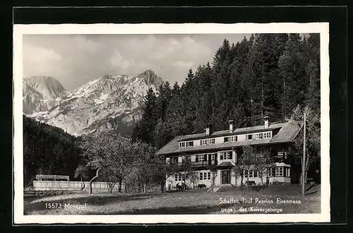 AK Scheffau, Hotel-Pension Eisenmann, Blick zum Kaisergebirge
