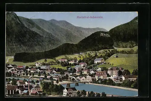 AK Mariatal, Ortsansicht und Flusspartie mit Brücke