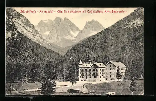 AK Schluderbach / Ampezzotal, Hotel Sigmundsbrunn mit Cadinispitzen