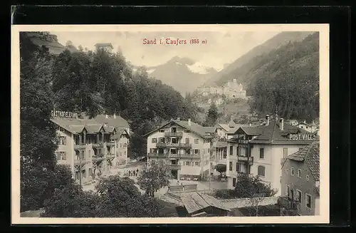 AK Sand i. Taufers, Ortspartie mit Gasthof Post, Gasthof Elefant und Post Villa