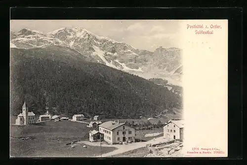 AK Sankt Gertraud, Posthotel z. Ortler, Ortsansicht mit Kirche