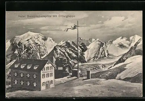 AK Stilfserjoch, Hotel Dreisprachenspitze mit Ortlergruppe