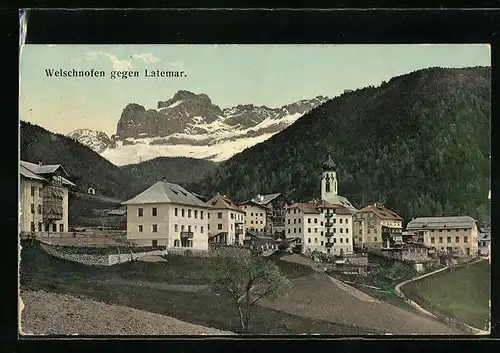 AK Welschnofen, Ortsansicht gegen Latemar