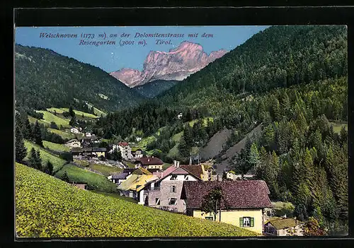 AK Welschnofen, Ortspartie an der Dolomitenstrasse mit dem Rosengarten