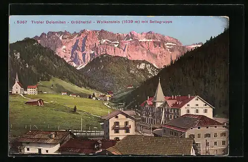 AK Wolkenstein, Ortspartie mit Sellagruppe und Hotel Oswald von Wolkenstein