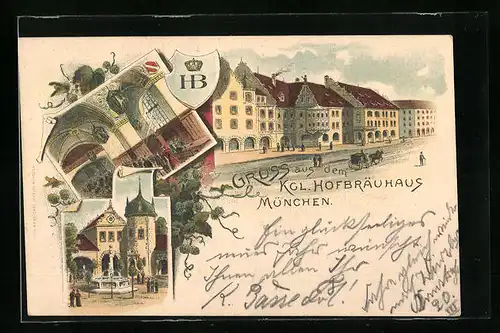 Lithographie Münchner Hofbräuhaus, Aussen- und Innenansichten, Wappen