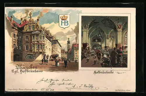 Lithographie München, Kgl. Hofbräuhaus, Aussen- und Innenansicht