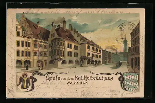 Lithographie Münchner Hofbräuhaus, Aussenansicht und Wappen