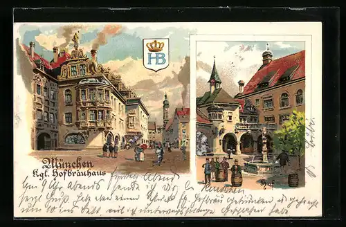 Lithographie München, Kgl. Hofbräuhaus, Aussen- und Innenansicht