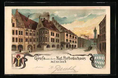 Lithographie Münchner Hofbräuhaus, Aussenansicht und Wappen