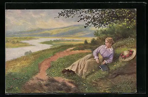 Künstler-AK sign. H. Wehm, Ein stilles Plätzchen, Frau ruht auf einer Blumenwiese