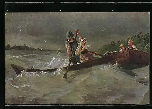 Künstler-AK sign. Carl Rupp: Gewitterwolken, Familie mit Kanu im Sturm auf See