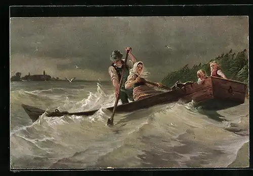 Künstler-AK sign. Carl Rupp: Gewitterwolken, Familie mit Kanu im Sturm auf See