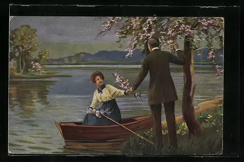 Künstler-AK sign. L. Göbel: Im Frühling, Mann schenkt einer Frau im Kanu Frühlingsblumen