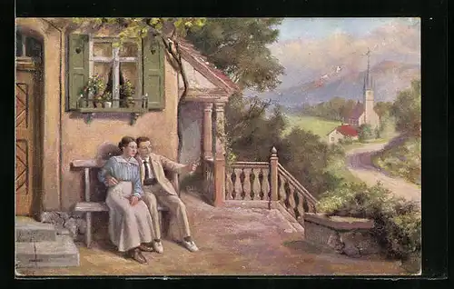 Künstler-AK sign. H. Lot: Auf der Hochzeitsreise, Liebespaar sitzt vor dem Haus auf einer Bank