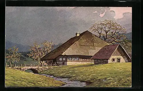 Künstler-AK sign. v. Nessel: altes Bauernhaus mit Brücke