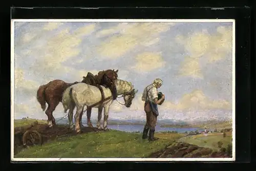 Künstler-AK sign. Rob. Büchtger, Gebetläuten, Bauer mit Pferdepflug beim Gebet auf dem Feld