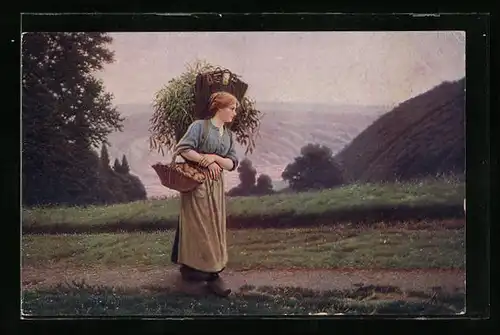 Künstler-AK sign. C. Bellanger: Rückkehr vom Felde, Bäuerin auf dem Feldweg