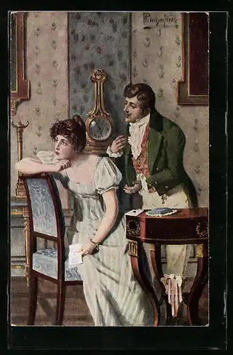 Künstler-AK sign. Priechenfried: Unentschlossen, Mann fleht seine Liebste an