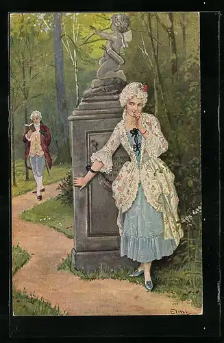 Künstler-AK sign. Elmi: Überraschung, Frau versteckt sich vor ihrem Liebsten hinter einer Amorstatue