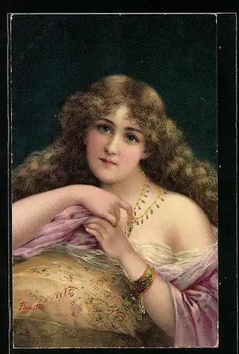 Künstler-AK sign. Faustin: Portrait einer schönen junge Frau im edlen Gewand