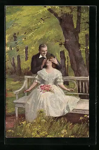 Künstler-AK sign. C. Weber: Wer bin ich?, Mann hält seiner Liebsten die Augen zu