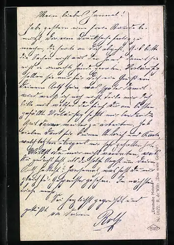 Künstler-AK sign. R. de Witt: Das erste Gedicht, Mann trägt beim Spaziergang ein Liebesgedicht vor