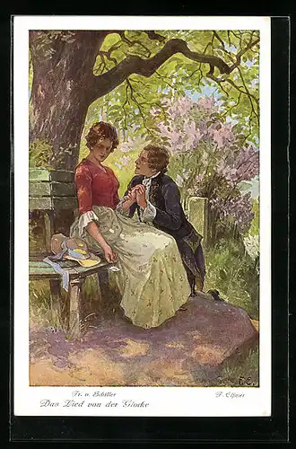 Künstler-AK sign. F. Elssner: Fr. v. Schiller: Das Lied von der Glocke, Liebespaar auf der Bank