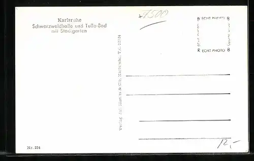 AK Karlsruhe, Schwarzwaldhalle und Tulla-Bad mit Stadtgarten