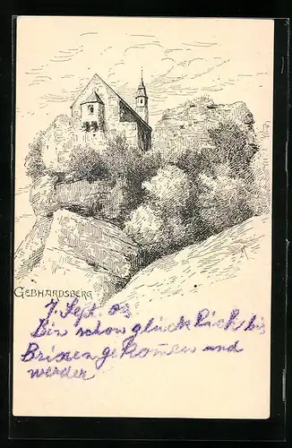 Künstler-AK Gebhardsberg, Ortspartie mit Kirche