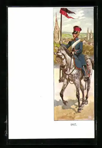 AK Soldat in Uniform mit Fahne zu Pferde, Militär 1817