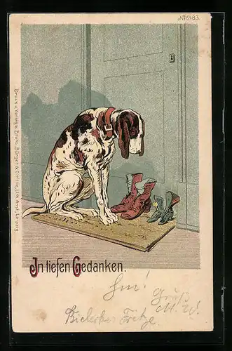 Künstler-AK Bruno Bürger & Ottillie Nr. 6483: In tiefen Gedanken, Hund sitzt vor der Tür