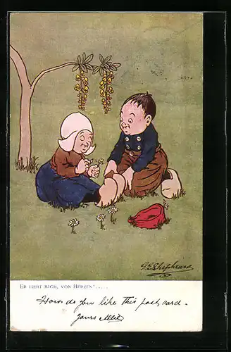 Künstler-AK George Edward Shepheard: Er liebt mich von Herzen!..., Holländerin mit einer Blume