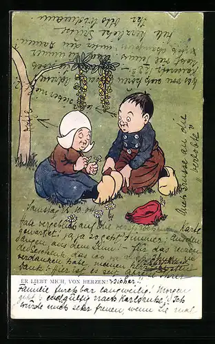 Künstler-AK George Edward Shepheard: Er liebt mich von Herzen!..., Holländerin mit einer Blume