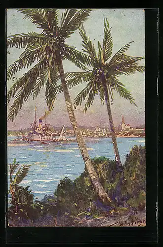 Künstler-AK Willy Stoewer: Daresalam, Panorama mit Dampfer und Palmen