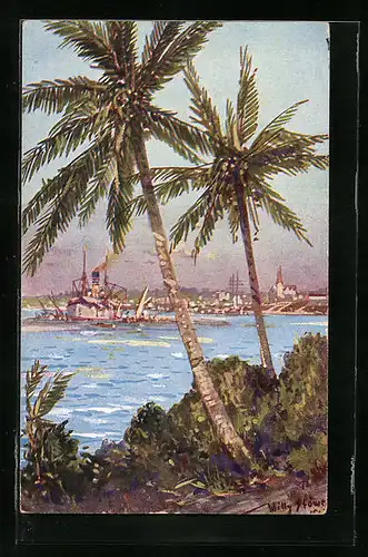 Künstler-AK Willy Stoewer: Daresalam, Panorama mit Dampfer und Palmen