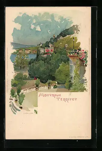 Künstler-AK Fritz Voellmy: Montreux-Territet, Panorama