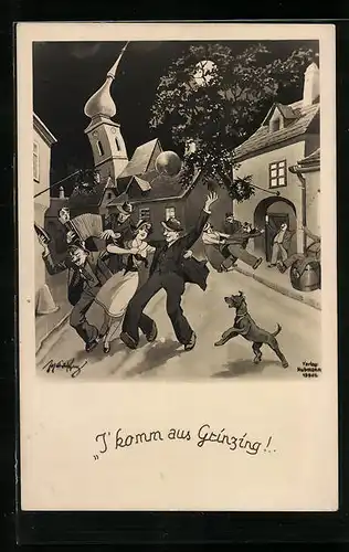 Künstler-AK Fritz Schönpflug: Grinzing, Betrunkene mit Hund nachts auf der Strasse