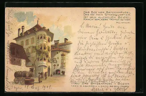 Künstler-AK Bozen, vor dem Batzenhäusel