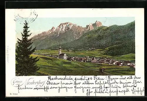 AK Niederdorf, Panoramaansicht der Ortschaft mit der Kirche