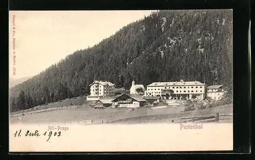 AK Alt-Prags im Pustertal, Blick auf das Hotel am Fusse des Berges