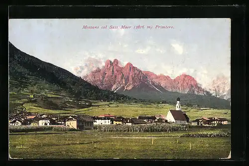 AK Mezzano col Sass Moor, Primtero, Blick zur Kirche und auf die Berge