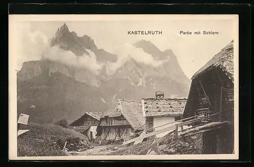 AK Kastelruth, alte Häuser mit Blick zum Schlern