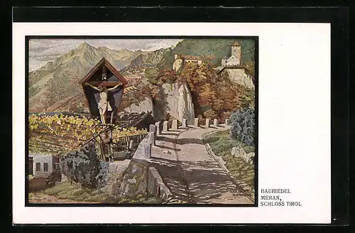Künstler-AK Meran, Schloss Tirol und Bildstock
